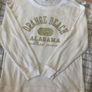 White Ribbed Long Sleeve Shirt sweater with Orange Beach Print